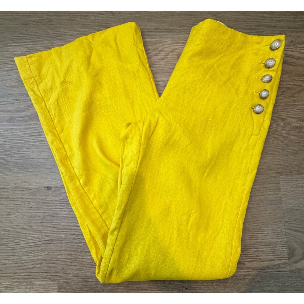 Anhropologie Cartonnier Linen Blend Pants Canary Yellow Button Detail Size 2